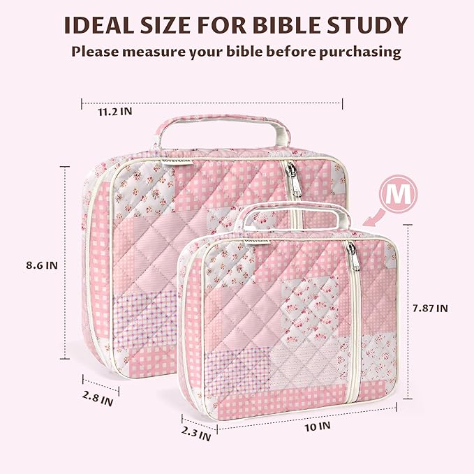 shirabags Quilted Bible Cover Case for Women - Elegant Cotton Bible Bag for Study, Church, Christian Gifts for Women(Pink Floral Patchwork, M)