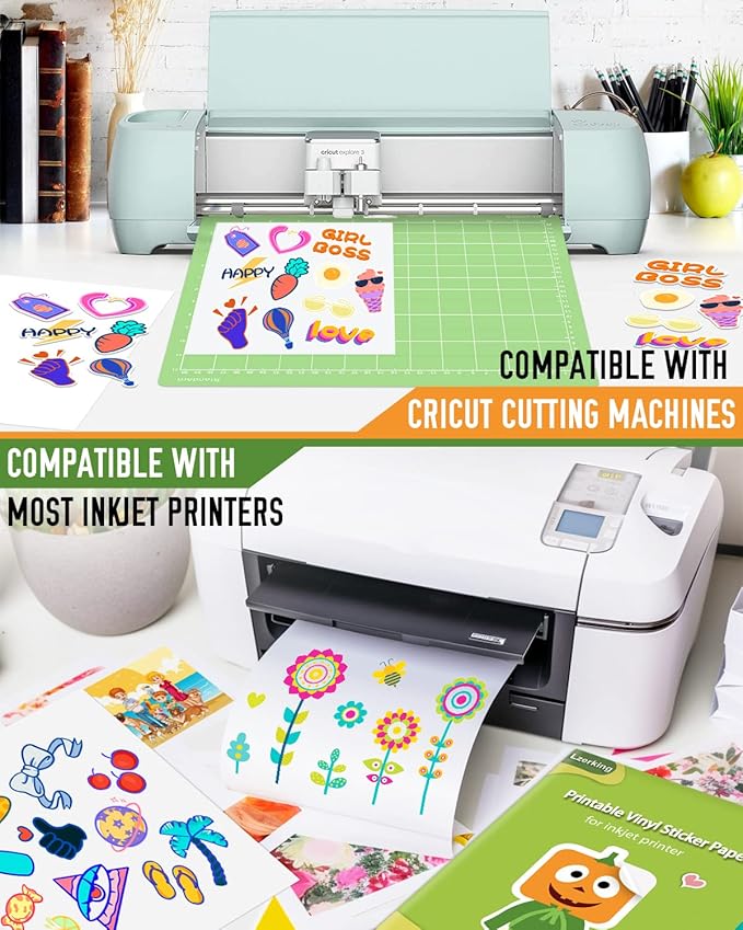 Lzerking Printable Vinyl Sticker Paper - 25 Sheets Matte White Self-Adhesive Waterproof Decal Printable Sticker Paper for Inkjet Printer - Standard Size 8.5x11 Inches DIY Crafts