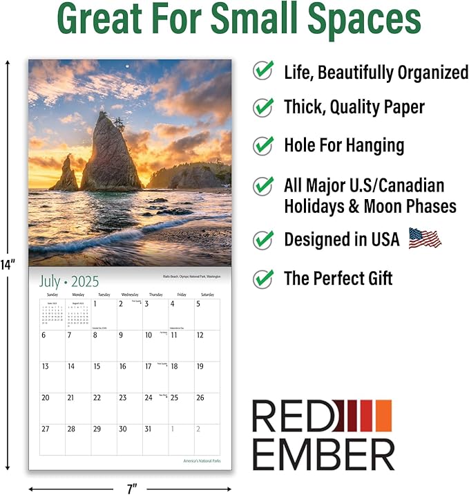 RED EMBER America's National Parks Mini 2025 Wall Calendar 12 Month | 7" x 14" Open | Thick & Sturdy Paper | Giftable | Calendar 2025