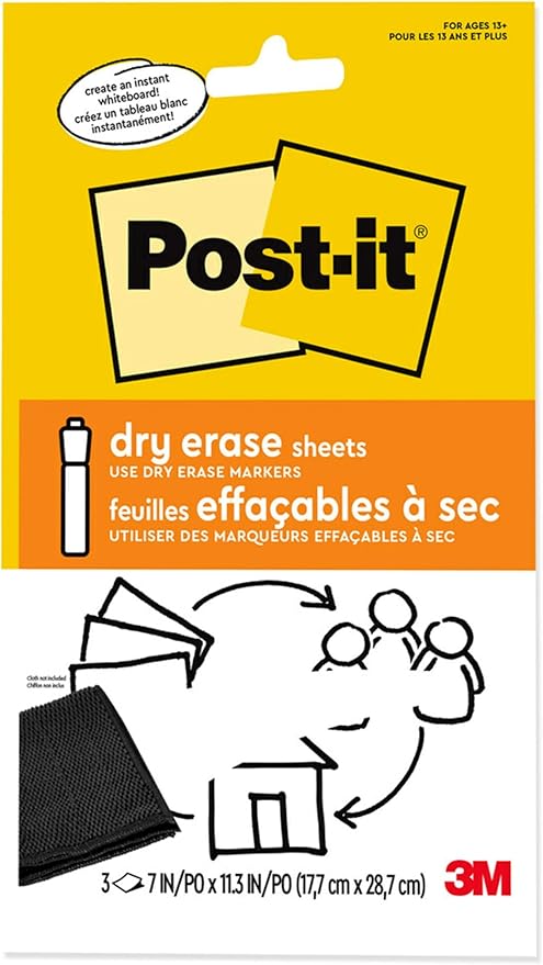 Post-it Dry Erase Sheets, 7 in x 11.3 in, Sticks Securely and Removes Cleanly
