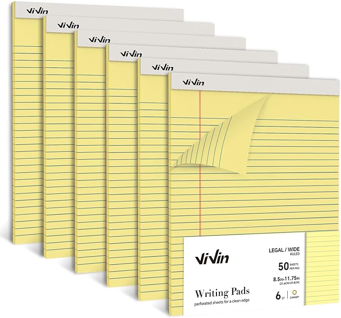 ViVin Legal Pads 8.5 x 11 Inch, Wide Ruled Note Pads, 6 Pack, 50 Sheet/Pad, Notepads for Office Home School, 300 Sheets, Perforated Writing Pads, Canary Yellow Paper