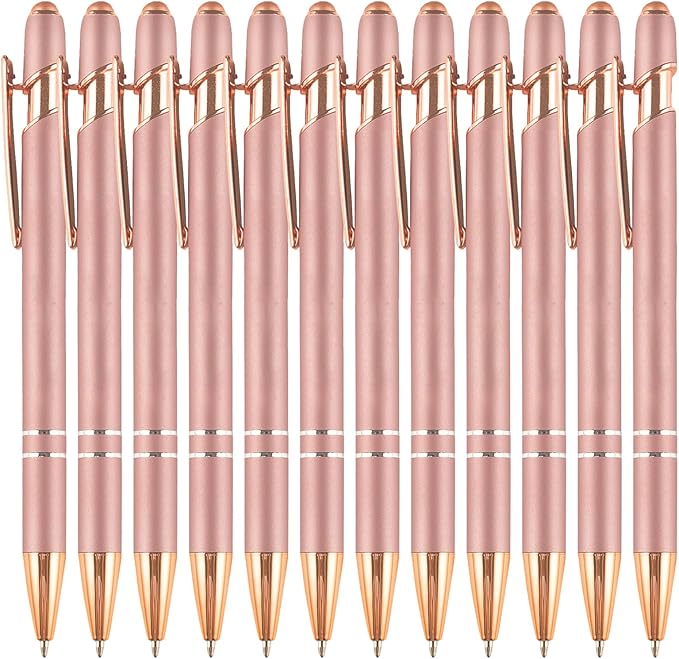Ballpoint Pens with Stylus Tips，12 Pcs Rose Gold Retractable Metal Stylus Pen for Touch Screens, 1.0 mm Black Ink