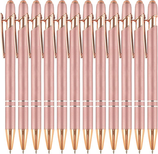 Ballpoint Pens with Stylus Tips，12 Pcs Rose Gold Retractable Metal Stylus Pen for Touch Screens, 1.0 mm Black Ink
