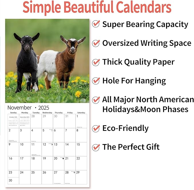 2025 Wall Calendar,Calendar 2025, November 2024 - December 2025, Wall Calendar Baby Goats, 12" x 24" Opened,Full Page Months Thick & Sturdy Paper for Calendar Organizing & Planning