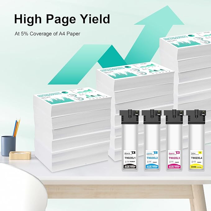 Remanufactured T902XL Ink Cartridge T902XL120 T902XL220 T902XL320 T902XL420 Ink Pack Compatible with Workforce WF-C5210 WF-C5290 WF-C5710 WF-C5790 (Black/Magenta/Cyan/Yellow, 4-Pack)