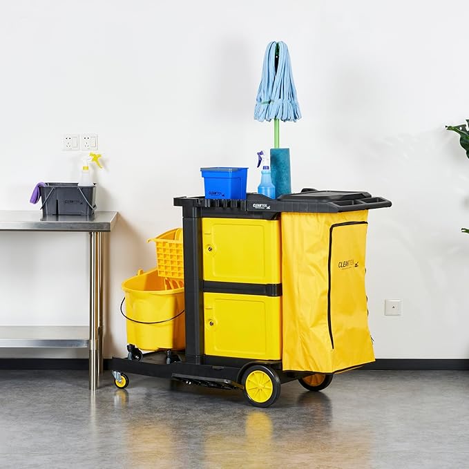 Restaurantware-Clean Tek Professional 3-Shelf Janitor Cart with Wheels, 1 Cleaning Trolley with Cover and 21 Gallon Bag - Includes 1 Double Locking Cabinet, Heavy-Duty, Gray Plastic Janitorial Cart