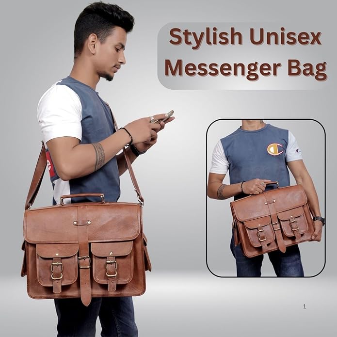 Genuine Leather Messenger Bag for Men & Women Leather Satchel Laptop Briefcase Vintage Crossbody Work Bag for Office & Travel