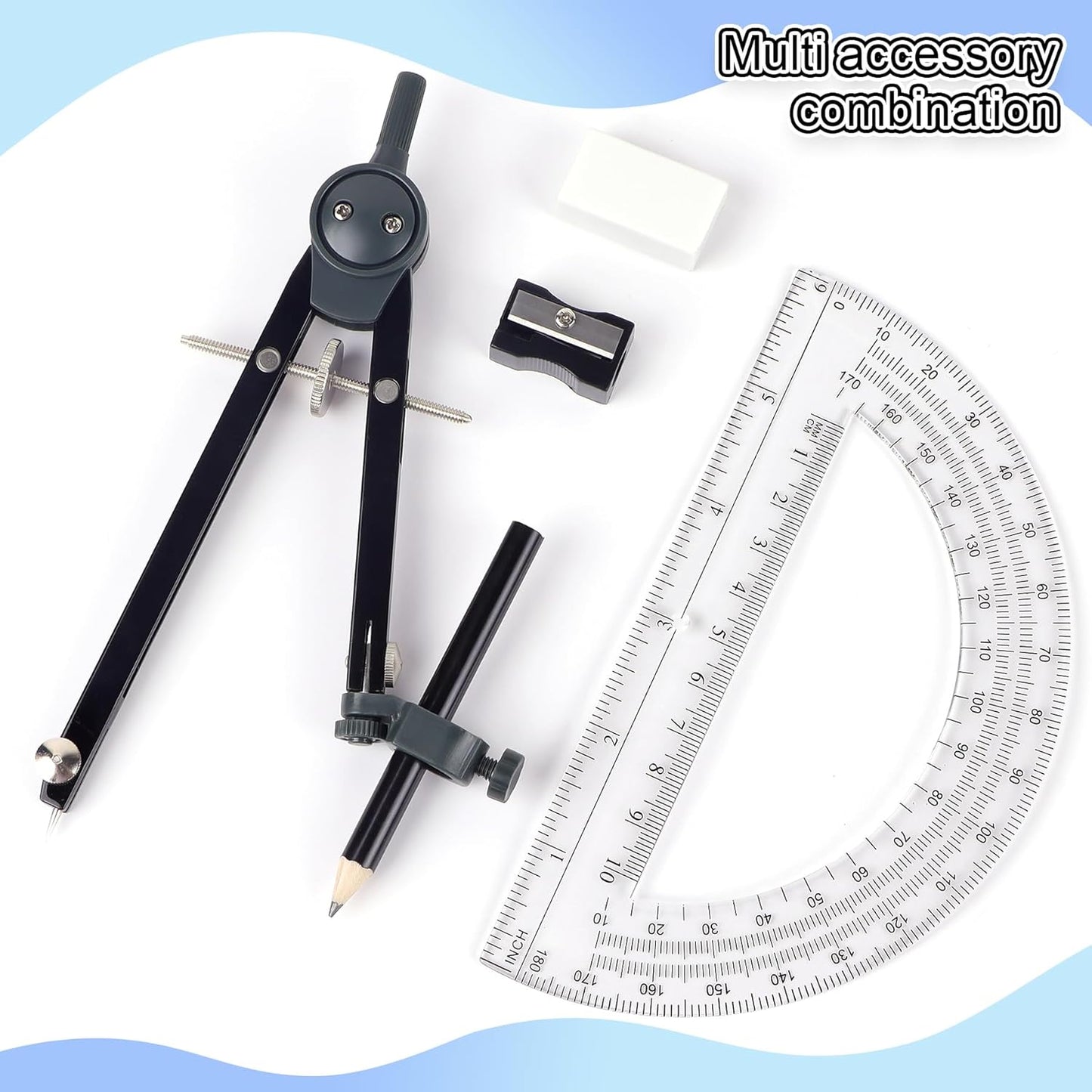 Professional Compass for Geometry Set, Metal Compass with Wheel and Lock for Geometry, Drawing Compass Tool, Circle Drafting Tool, and 6 Inch Math Protractors 180 Degree (Black)