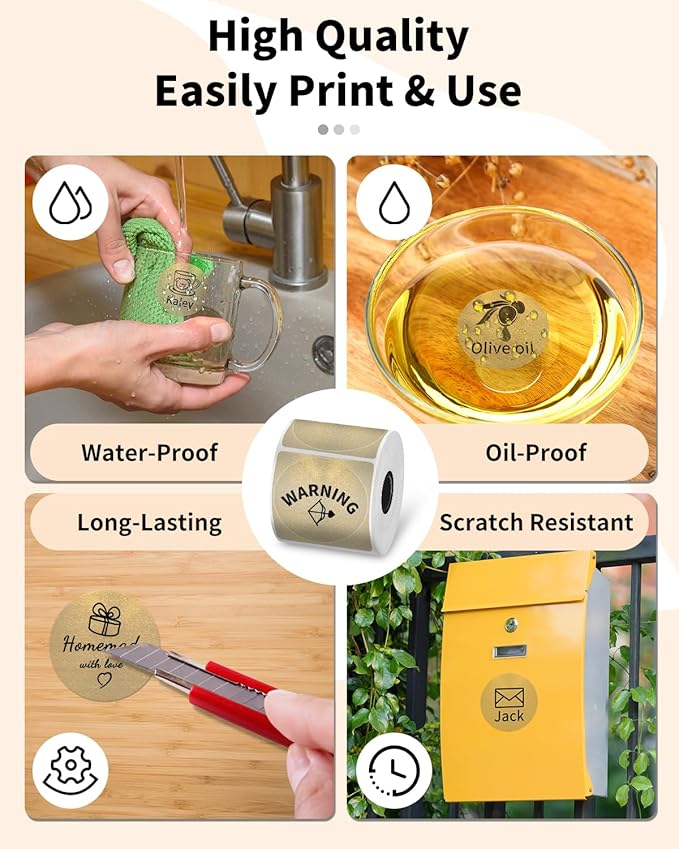 Phomemo Labels-Gold Sticker Circle Thermal Label Compatible with M110/M220/M100/M150/M250/M120/M200/M221 Label Maker, Black on Golden, 1.96"x1.96"(50x50mm)