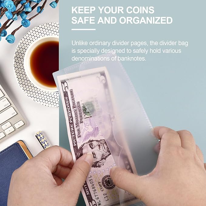 A6 Binder Pockets with No Zipper, Koqye Blue 10 Pcs Plastic Zipless Budget Envelopes, Two Pockets Frosted Cash Envelopes Money Bag for Budgeting, Cash Stuffing (Clear Petals-2set)