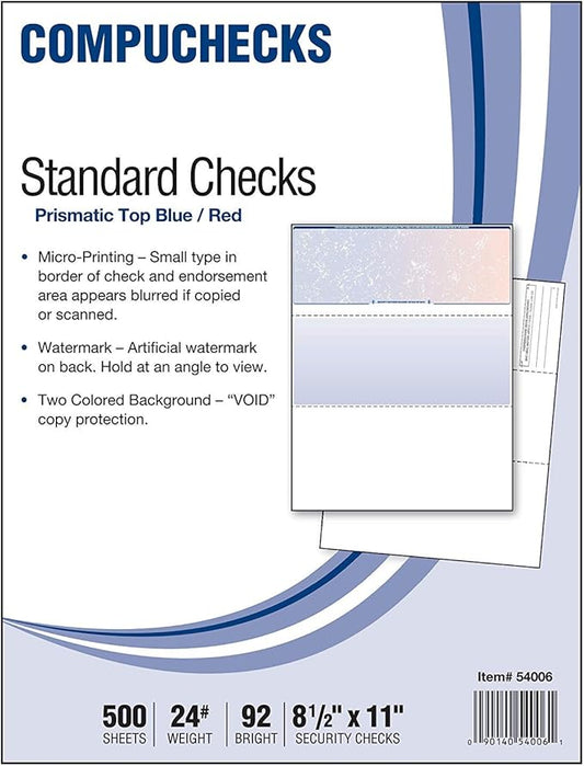 Business Voucher Check Stock - Versacheck Refills - 500 Sheets, Check on Top, Blue/Red Prismatic