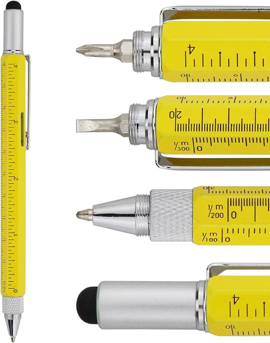HeTaoCat Gifts Multi Tech Tool Pen 6 in 1 Stylus Pen - Screwdriver Pen with Ruler, Levelgauge, Ballpoint Pen Black ink (Yellow)