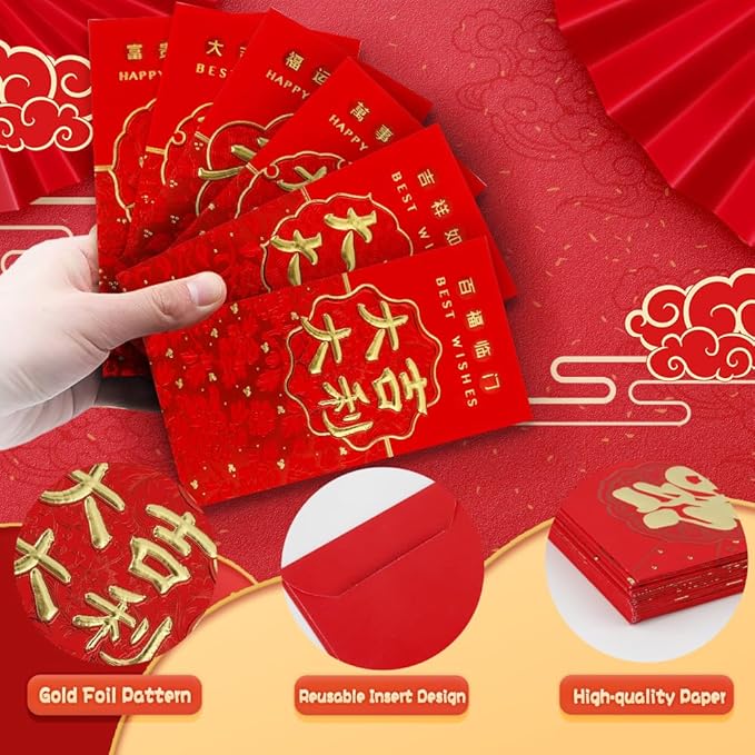 Red Envelope, 36 Pcs Chinese Money Envelopes for Cash, Lunar New Year Envelopes, 红包, Snake Red Envelopes 2025, Red Packets,Chinese Luck Money Envelopes for Wedding Birthday Spring Festival Supplies