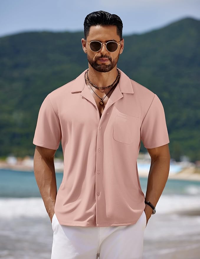 COOFANDY Men's Casual Cuban Guayabera Shirt Short Sleeve Button Down Shirts Summer Beach Shirts Vocation Vintage Shirts
