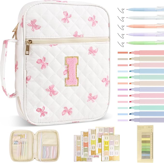 Personalized Initial Bible Cover Case for Women Girls Kid - Large Quilted Bible Case with Handle, Stylish Chenille Letter Bag Study Supplies, Perfect Christmas Gifts for Christians Women (Pink Bow-I)