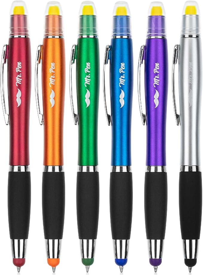 Mr. Pen- Bible Highlighter With Pen and Stylus for Touchscreens, 3 in 1, 6 pcs, Colorful Barrels, Yellow Highlighters, Black Ballpoint Pens, Highlighter Pen, Bible Pen, Bible Journaling Kit