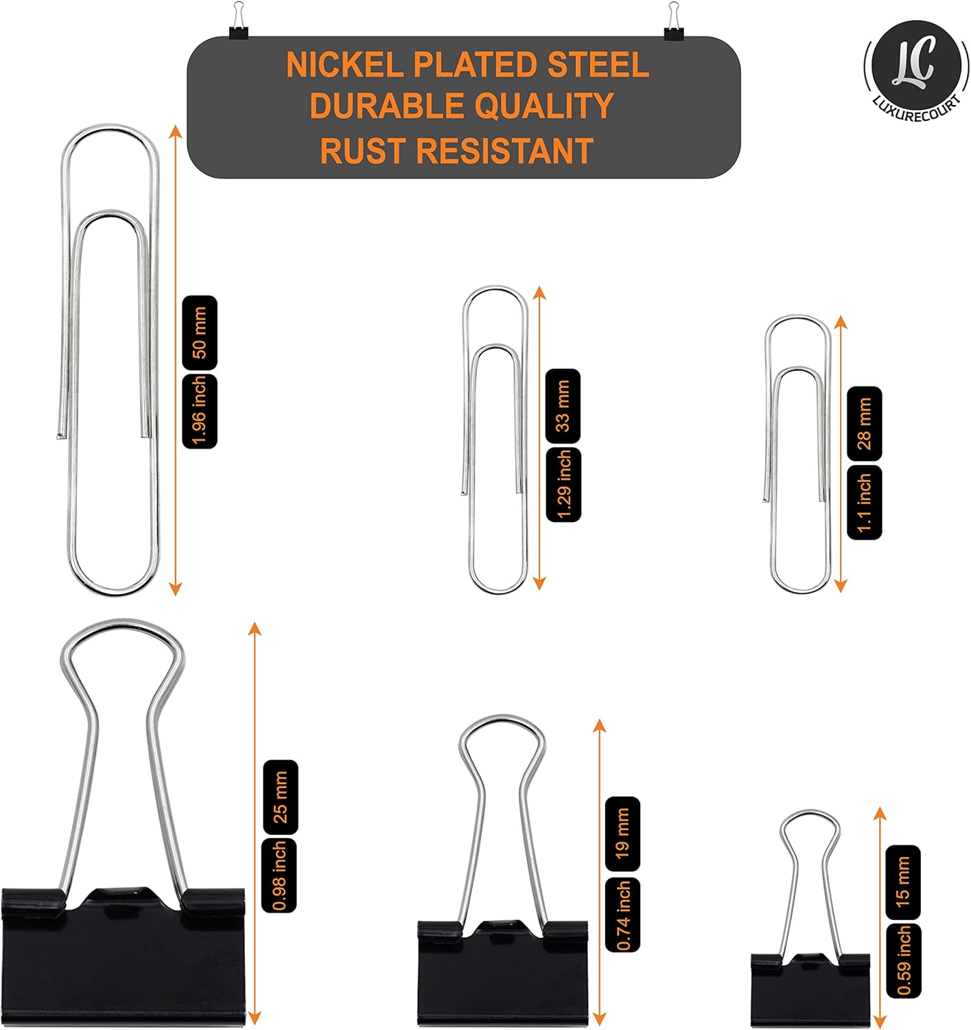 350 Pack Paper Clips and Binder Clips Set by Luxurecourt - Binders & Paperclips Assorted Sizes in Container with Compartments, Silver Paper Clips & Black Binder clips for Home, School, Office Supplies