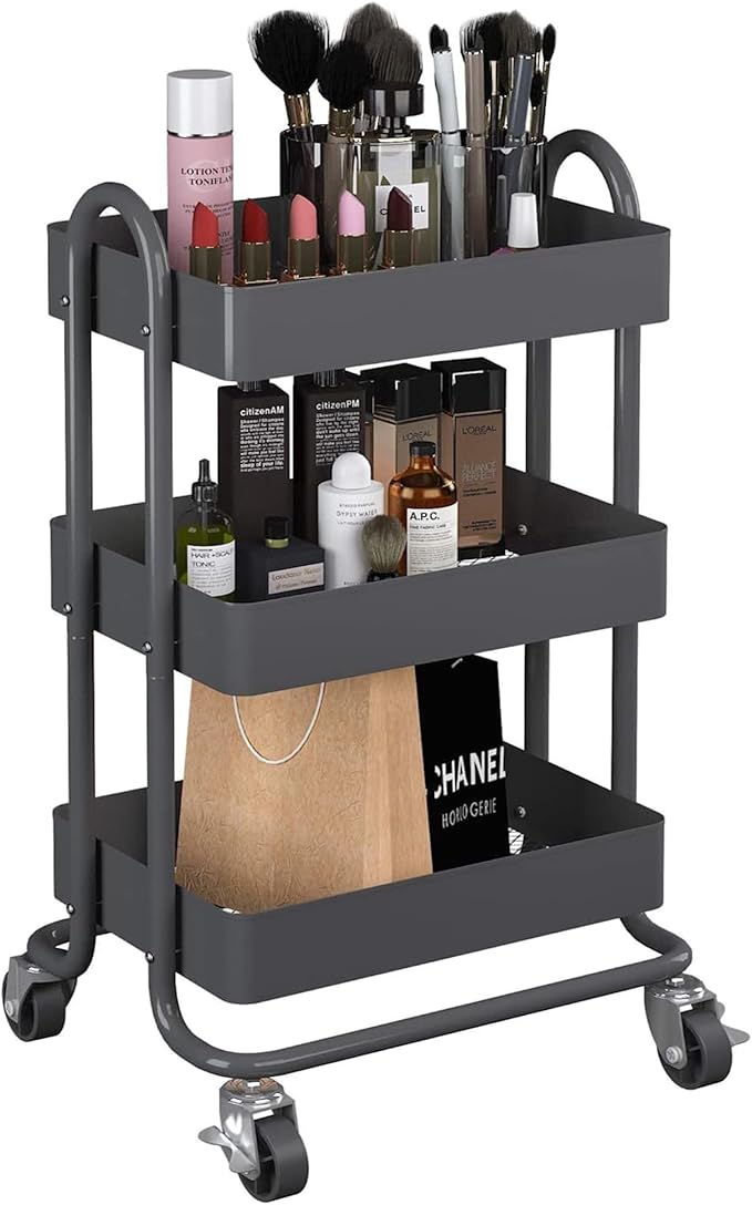 3-Tier Rolling Metal Storage Organizer,Mobile Utility Cart,Kitchen Storage Carts with Caster Wheels,Rolling Utility Cart Suitable for Office,Home,Kitchen,Garden（13.4"x18.1"x31"） Dark Grey