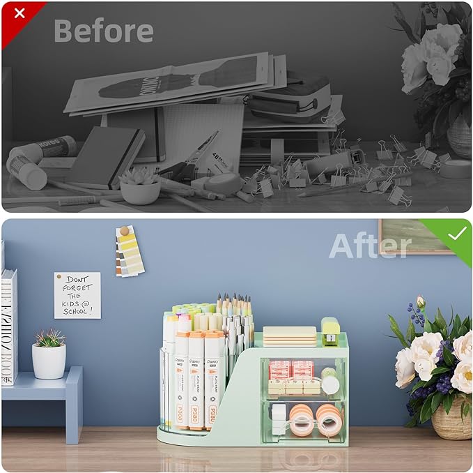 Marbrasse Desk Organizer with 2 Drawer, 360°Rotating Pen Holder for Desk, Desk Organizers and Accessories with 6 Slots Pencil Organizer + 2 Drawer, Art Supply Storage Box Caddy for Office (Green)