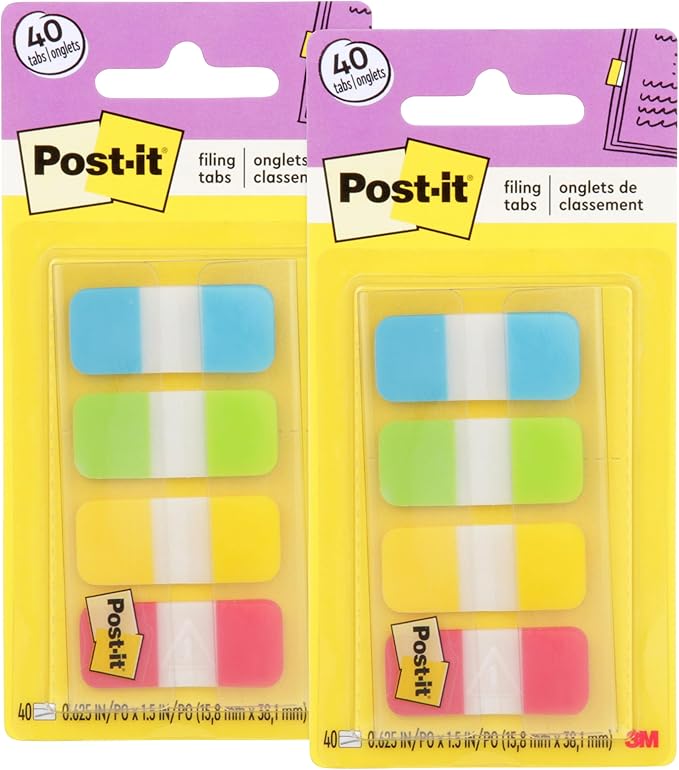 Post-it Tabs, 625 in Solid, Aqua, Lime, Yellow, Red, 10/Color, 40/Dispenser (676-ALYR) (Pack of 2)