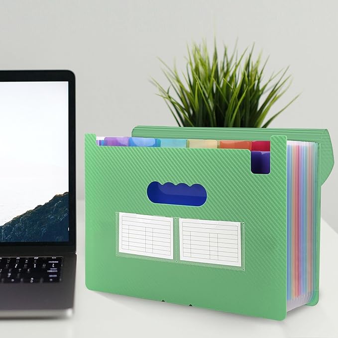 SKYDUE File Organizer, 12 Pockets Accordian File Organizer, Letter Size Expanding File Folder with Colored Tabs and Expandable Cover Portable Bill Receipt Organizer Green