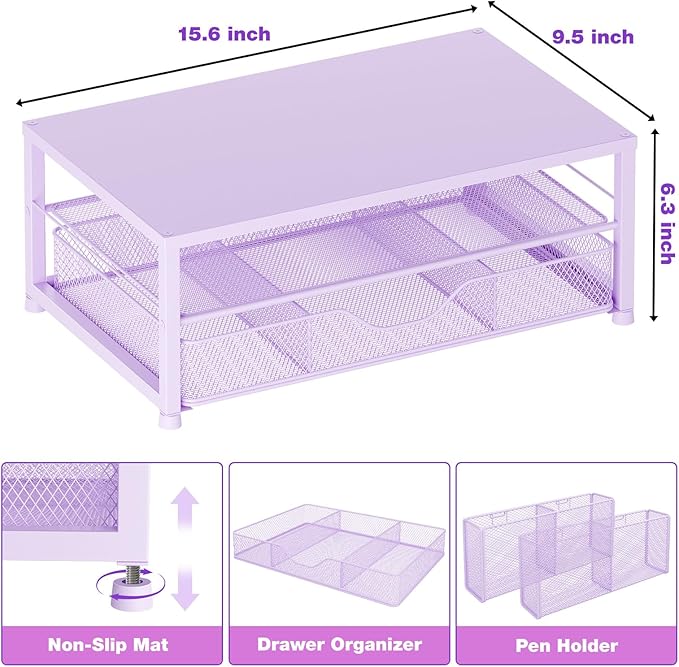 Desk Organizers and Accessories, 2-Tier Computer Monitor Stand for Desk Organizer with Drawer and 2 Pen Holders, Office Desk Accessories Workspace Desktop Organizers for Office Supplies, Purple