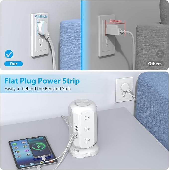 15 ft Long Extension Cord Power Strip Tower,AOFO Surge Protector 12 AC Outlets 4 USB(1 USB C) Ports, Charging Tower Overload Protection with Multiple Outlets for Home Dorm Office