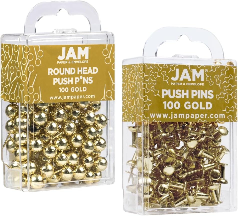 JAM PAPER Colorful Push Pins - Flat & Round Head Thumb Tack Combo Set - Gold Pushpins - 200/Pack