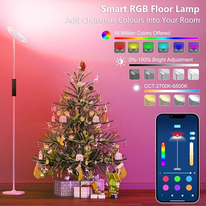 Keepsmile Double Side Lighting White Led Floor Lamp with Remote Smart App 36W 2600LM Bright Tall Standing RGB Angle Multicolor Dimmable Modern Floor Lamps for Living Room Bedroom Office