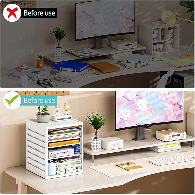 5 Tray Paper Organizer with Doors - Desktop File/Letter Organizer, Plastic Paper Sorter with Drawers for Office, Home or School - Dust-Proof Design