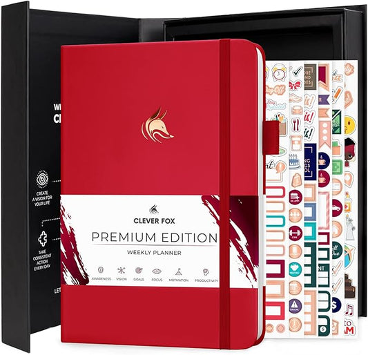 Clever Fox Planner Premium Edition – Undated Luxurious Weekly & Monthly Planner to Increase Productivity and Hit Your Goals – Organizer – Start Anytime, A5, Lasts 1 Year, Red (Weekly)