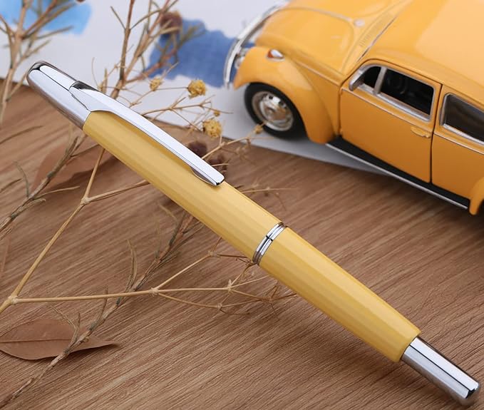 Majohn A2 Press Fountain Pen Extra Fine Nib with Box, Retractable Yellow Resin Ink Pen with Converter Writing Pen Set (Silver Clip Version）