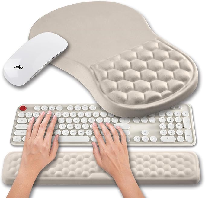 Hokafenle 2 in 1 Ergonomic Mouse Pad Wrist Support & Wrist Rest for Computer Keyboard Set, with Relieve Carpal Tunnel Pain Massage Bulge and Full Memory Gel Design (2In1 Set, Apricot)