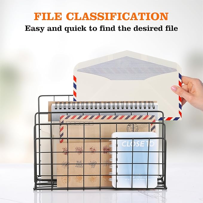 3 Slot Metal Desk Mail Organizer, Mesh Small Large File Magazine Book Record Holders Letter Organizer, Bill/Document/Filing/Folders/Paper Organizer for Desktop (Black-Large)