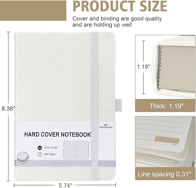 Lined Journal Notebook, 360 Numbered Pages(With page number), Thick Journal for Writing A5 College Ruled Notebook, 100gsm Lined Paper, Leather Hardcover, 5.75'' X 8.38''-1 Pack, White