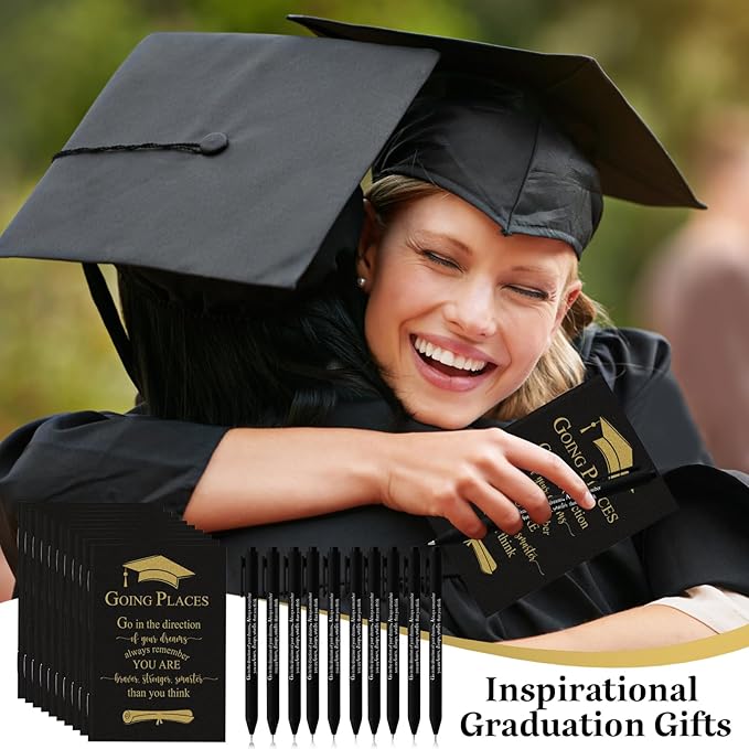 Kosiz 60 Pcs Graduation Gifts Motivational Mini Journal Inspirational Bamboo Pen Kraft Notebooks Bulk Wooden Retractable Ballpoint Pen for Class of 2025 College Gifts (Black)