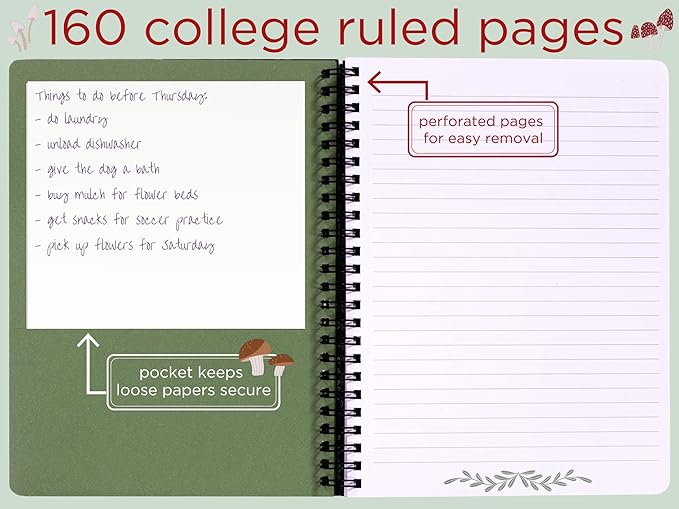 Steel Mill & Co Cute Mini Spiral Notebook, 8.25" x 6.25" Journal with Durable Hardcover and 160 Lined Pages, Mushroom