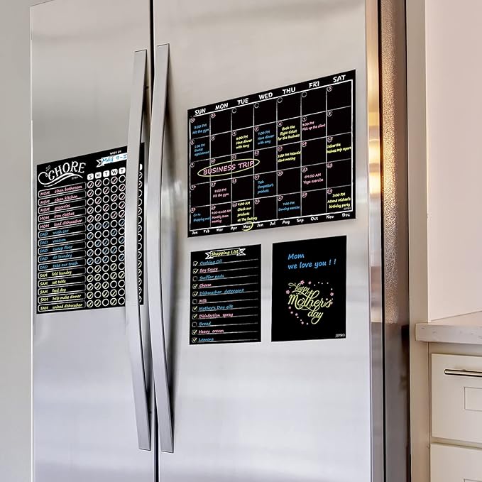 Magnetic Chalkboard Monthly Calendar - Reward Chore Chart Blackboard Combo Set with Neon Bright Liquid Chalk Markers - Bonus Grocery List and Notepad Blackboard for Refrigerator Included