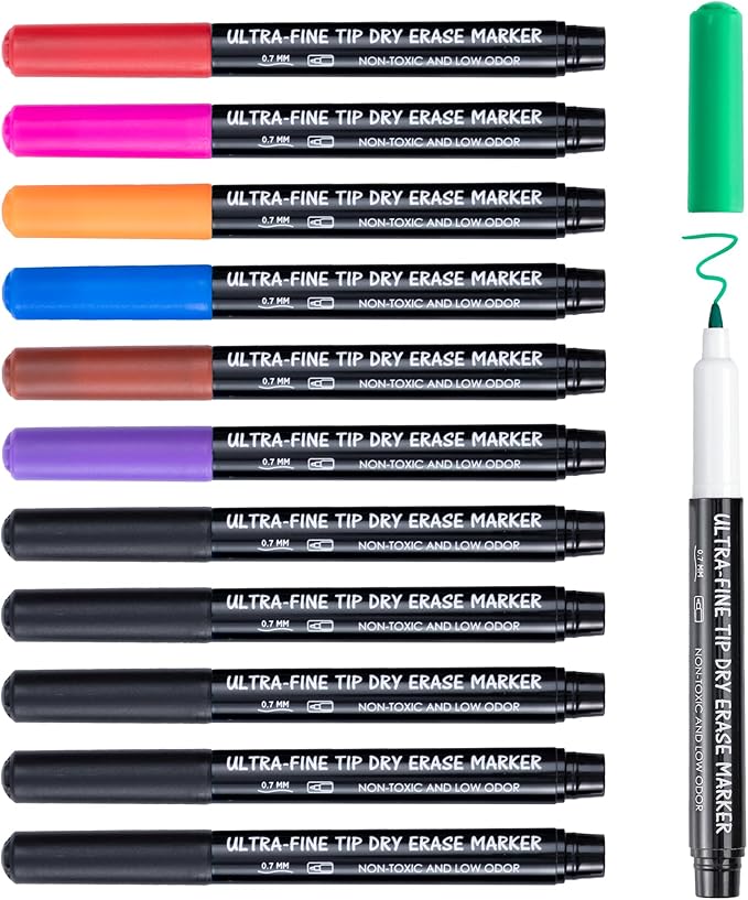 maxtek Dry Erase Markers Ultra Fine Tip, 0.7mm, Low Odor, Assorted Colors, 12 Count, Whiteboard Markers for Planning Whiteboard, Calendar Boards, Back to School Supplies