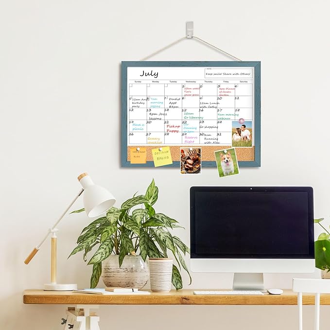 Whiteboard Calendar & Corkboard for Wall, 17"x13" Dry Erase Monthly Calendar with Wood Framed, Magnetic White Board Cork Board Combo, Calendar Bulletin Board for Home Office Kitchen Memo Planner