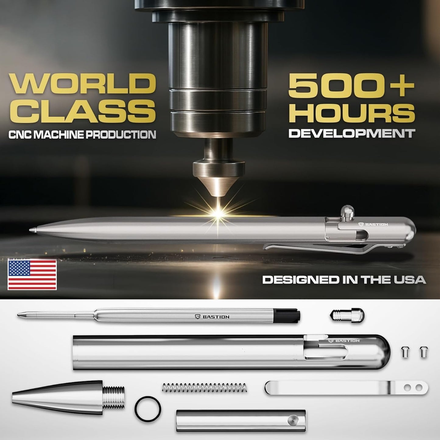 BASTION® Luxury Slim Bolt Action Pen, Durable EDC Pen with Fine Tip, Professional Ballpoint Pen for School and Work - Titanium