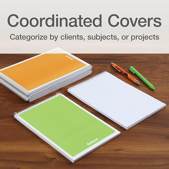 Oxford Steno Spiral Notebooks, Top Bound Steno Pads, 6x9 Inches, Gregg Ruled for Lists, White Paper, Asst. Pastel Covers, 80 Sheets, 6 Pack (1007112)