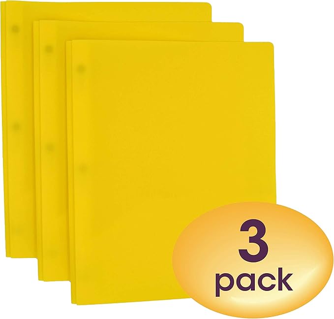 Smead Poly Two-Pocket Folder, Three-Hole Punch Prong Fasteners, Letter Size, Yellow, 3 per Pack (87733)