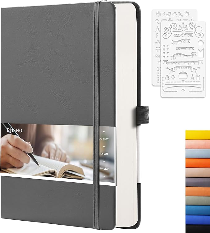 EMSHOI Dotted Notebook - 256 Pages A5 Dot Grid Journal Bullet Notebook with 120gsm Thick Dotted Paper,16 Perforated Pages, Hardcover Leather, Pen Holder, Inner Pocket, 5.75'' × 8.38''-Dark Grey