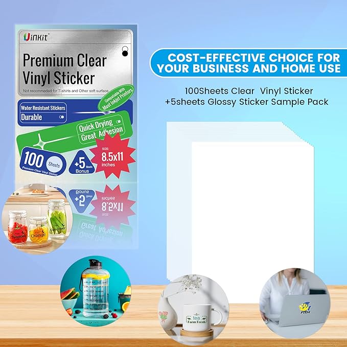 Uinkit 105Sheets Premium 90% Clear Vinyl Sticker Paper for Inkjet Printer - Include 100 Sheets Clear and 5Sheets Glossy Label Waterproof, Dries Quickly Vivid Colors, Holds Ink Well