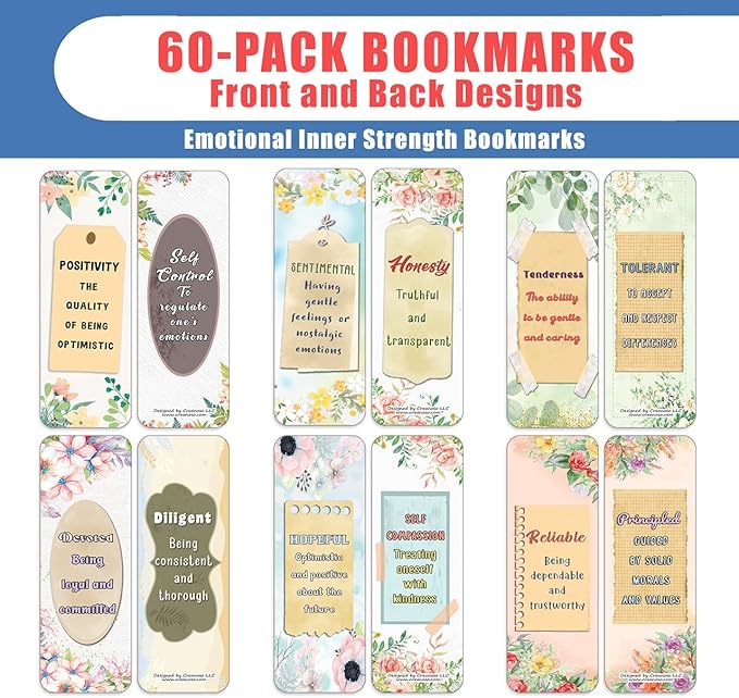 Creanoso Emotional Inner Strength Bookmarks (10-Sets x 6 Cards) – Daily Inspirational Card Set – Interesting Book Page Clippers – Great Rewards for Adults and Professionals
