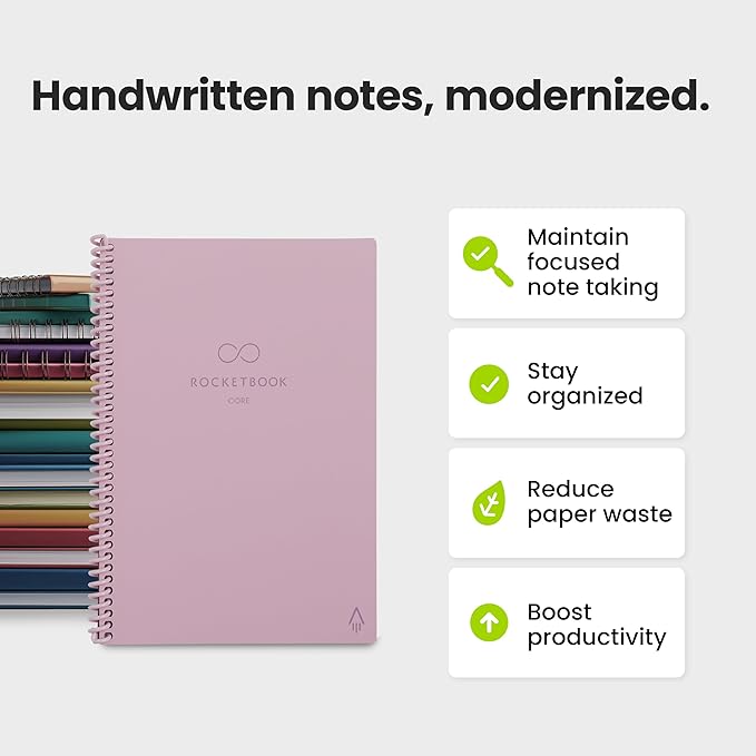Rocketbook New Core Reusable Spiral Notebook, Executive Size 6x8.8, Pink - Lined Pages, App-Connected, Erasable, Durable Cover, Ideal for School, Work, and Creative Projects (Pack of 1)