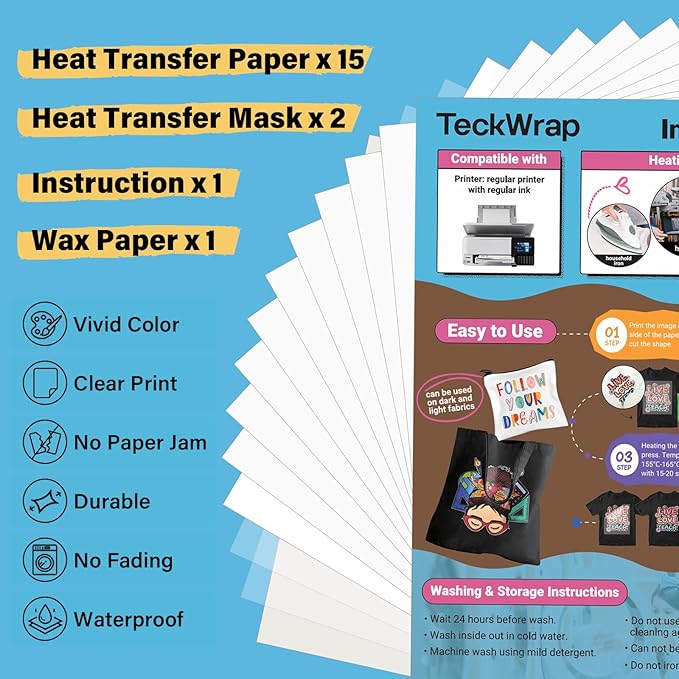 TECKWRAP Printable Heat Transfer Paper for T-Shirts 15 Sheets, 8.3" X 11.7" Printable Heat Transfer Vinyl for Inkjet Printer, Iron on Transfer Paper for Light and Dark Fabric (Matte White)