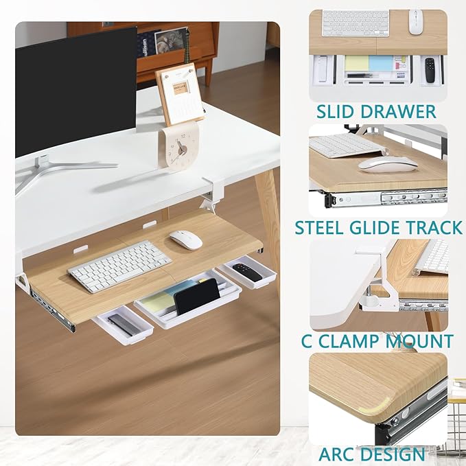ETHU Keyboard Tray Under Desk, Pull Out Keyboard & Mouse Tray with C-clamp, Ergonomic Desk Keyboard Tray Slide Out, Pull Out Platform Drawer for Home and Office（Oak）