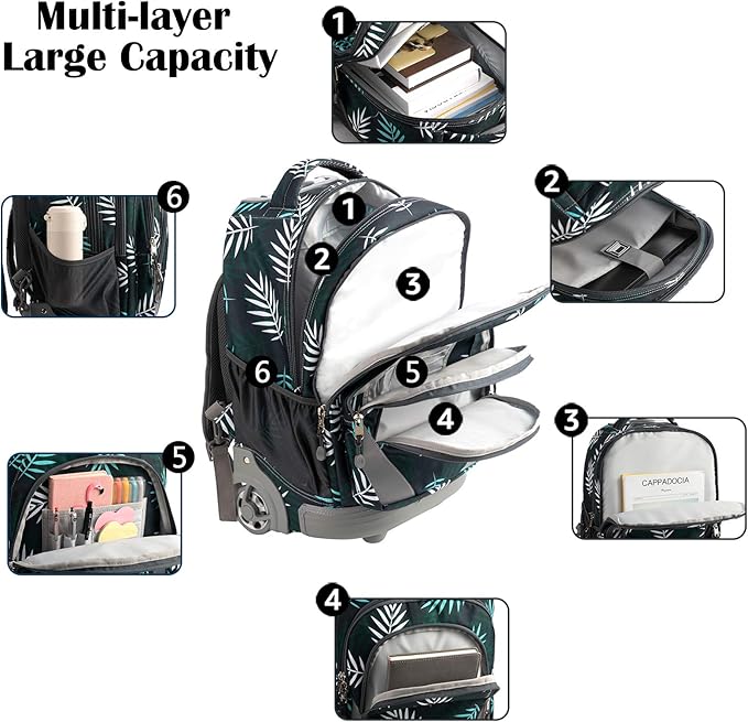 18 inches Wheeled Rolling Backpack Multi-Compartment College Books Laptop Bag, Leaves.